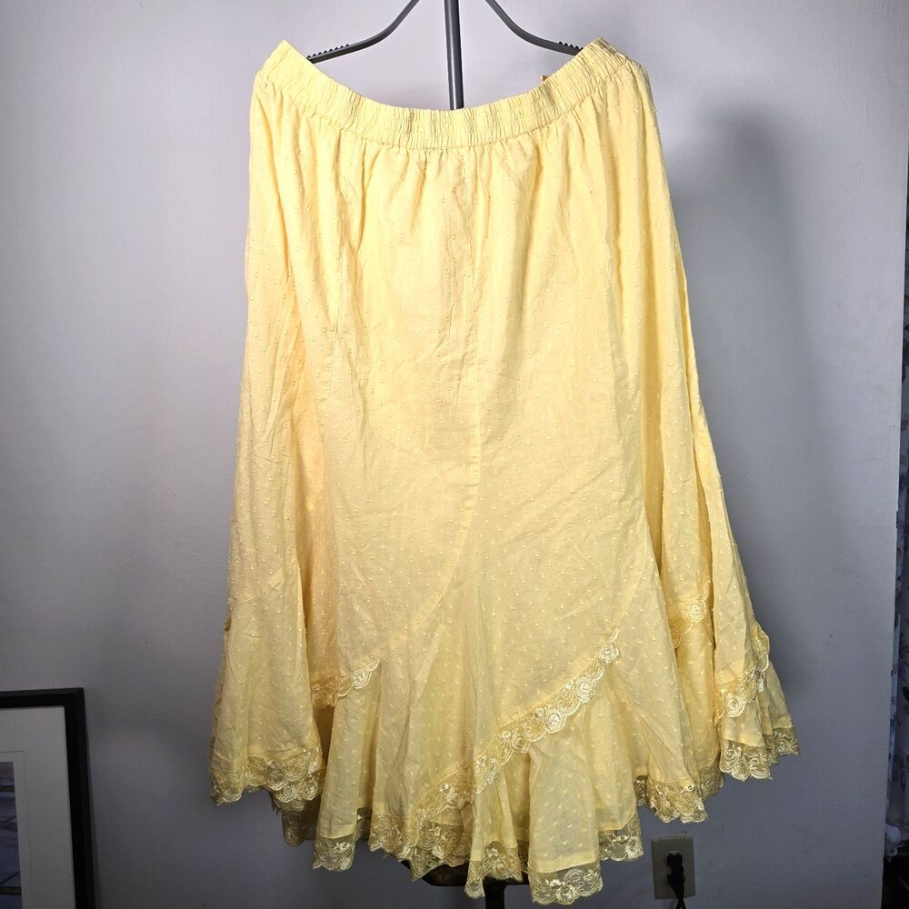 Denim 24/7 Womens 20W Yellow Swiss Dot Cotton Lace Boho Prairie Maxi Skirt NWT